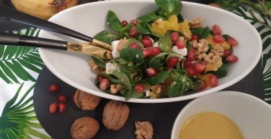 Ensalada de canónigos y naranja con granada y queso feta